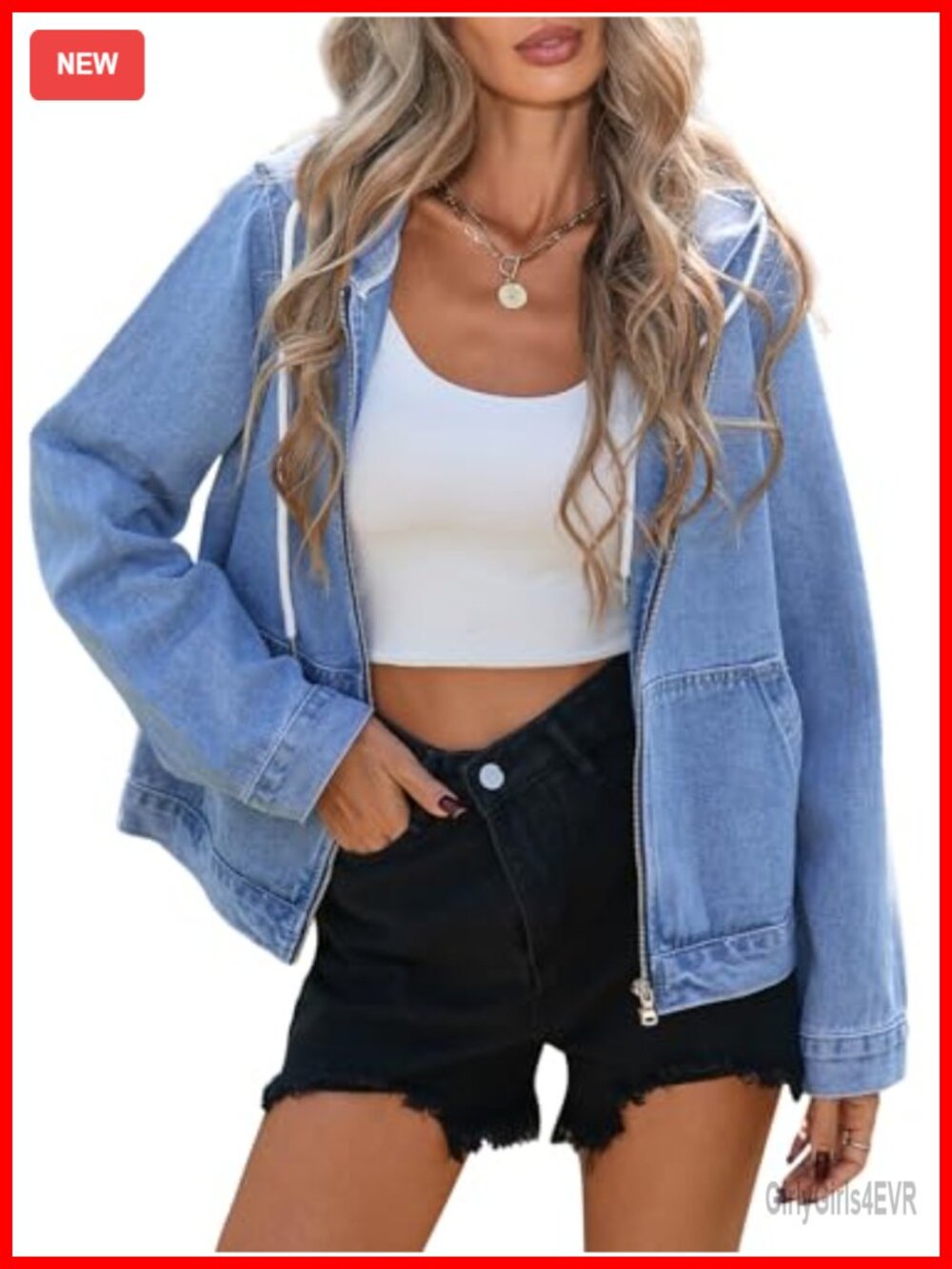 Womens Denim Jacket Hoodie Zip Up Boyfriend Jean Coat Long Sleeve